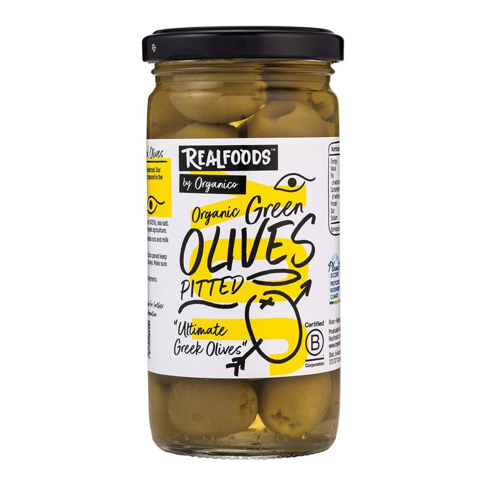 Organic Green Pitted Olives in Brine 230g - Greenlands Health Store