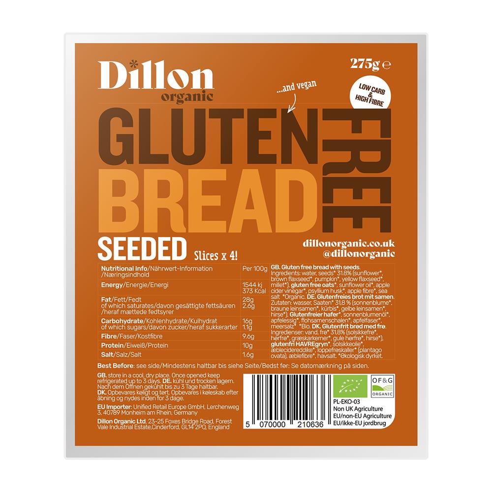 Dillon Organic Sliced Gluten Free Seeded Bread 275g - Greenlands Health Store