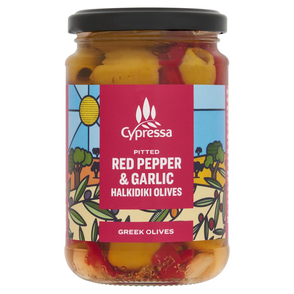 Pitted Halkidiki Olives with Red Pepper & Garlic 315g - Greenlands Health Store