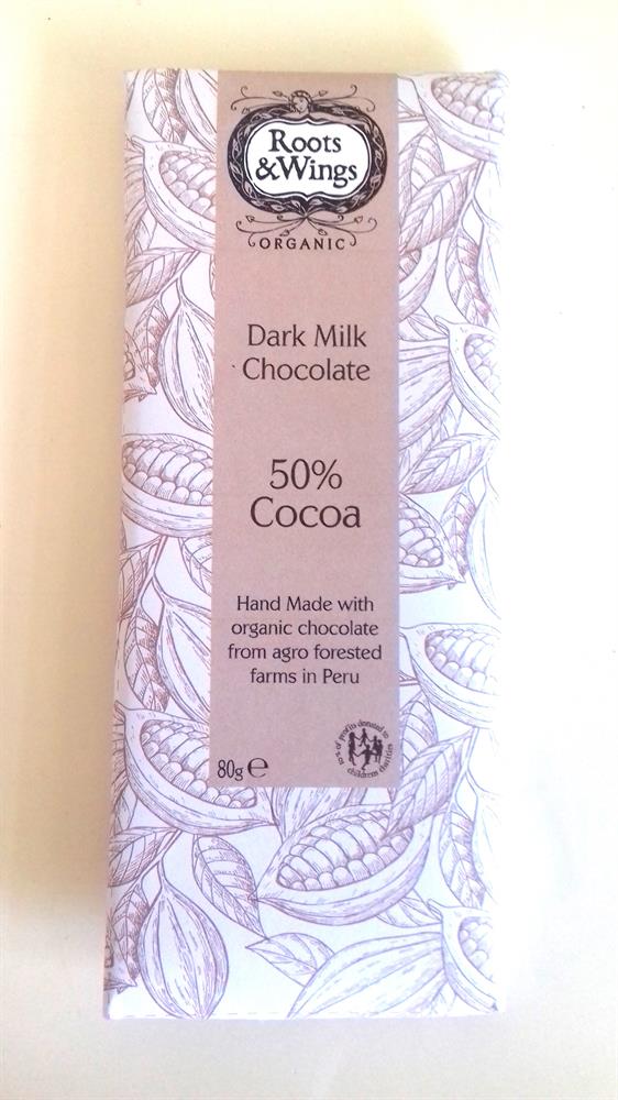 Roots & Wings Organic Dark Milk Chocolate Bar. 50% Cocoa 80g - Greenlands Health Store