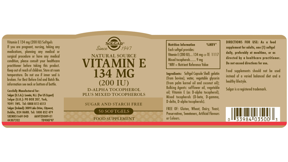 Solgar® Natural Source Vitamin E 134 mg (200 IU) Softgels - Greenlands Health Store