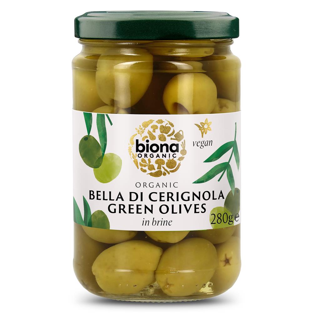 Biona Italian Bella di Cerignola Olives in Brine Organic 280g - Greenlands Health Store