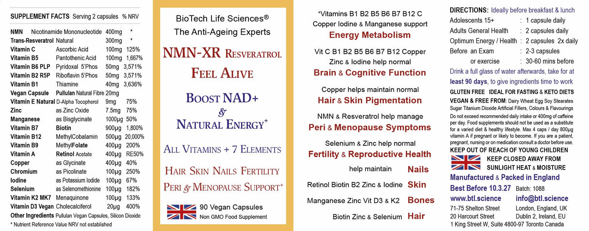 NMN - XR Resveratrol Vitamins Anti - Ageing Hair Skin Menopause 90 - Greenlands Health Store