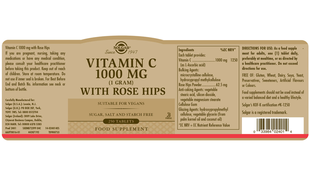 Solgar® Vitamin C 1000 mg with Rose Hips Tablets - Greenlands Health Store