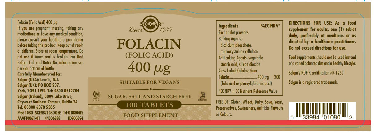 Solgar® Folacin (Folic Acid) 400 µg Tablets - Greenlands Health Store