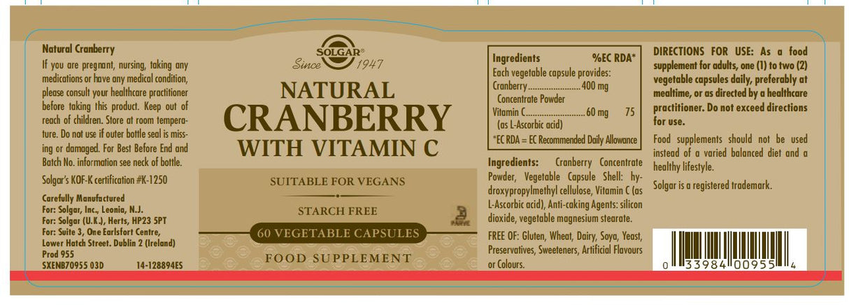 Solgar® Natural Cranberry with Vitamin C Vegetable Capsules - Pack of 60 - Greenlands Health Store