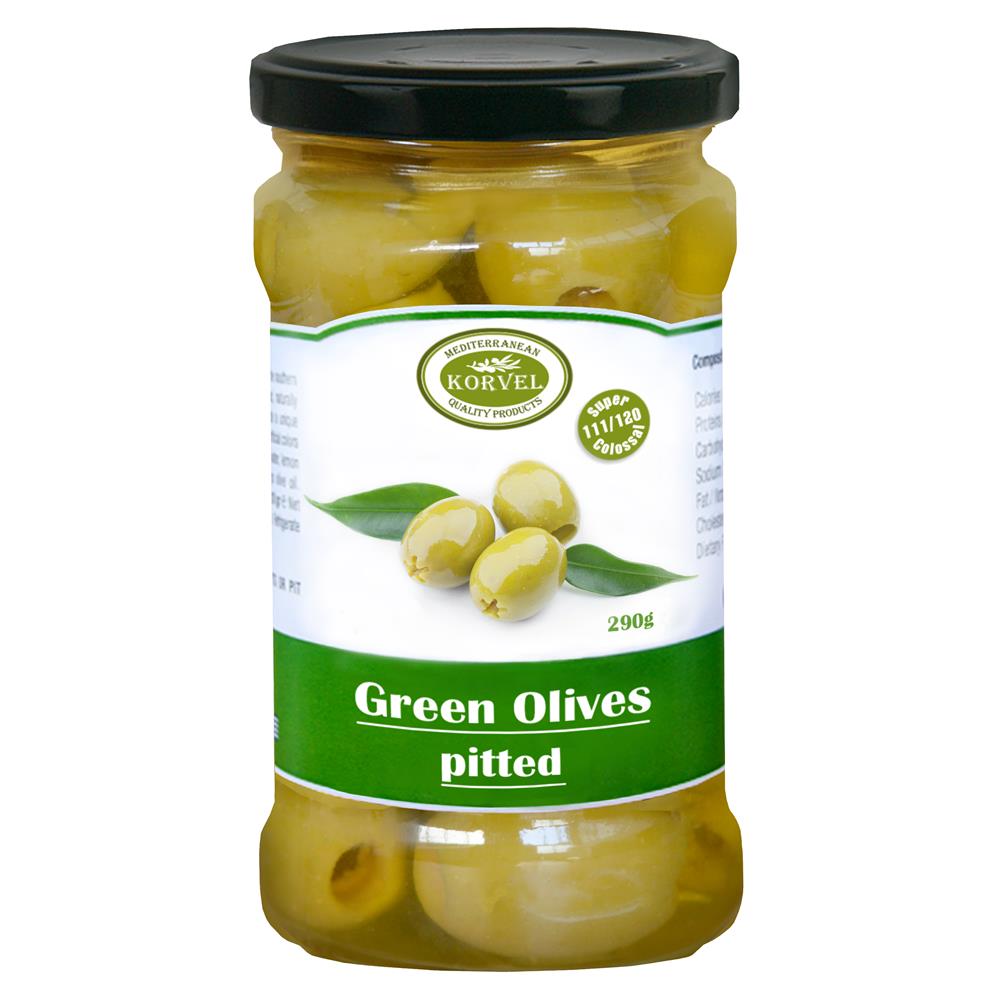 Korvel Natural Green Olives Pitted Halkidiki Super Colossal 290g - Greenlands Health Store