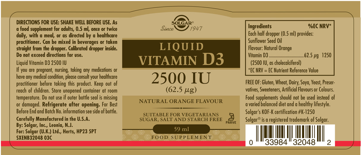 Solgar® Liquid Vitamin D3 2500 IU (62.5 µg) - Natural Orange Flavour - 59ml - Greenlands Health Store