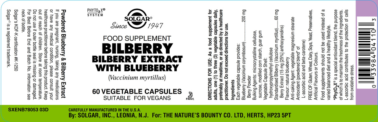 Solgar® Bilberry Berry Extract with Blueberry Vegetable Capsules - Pack of 60 - Greenlands Health Store