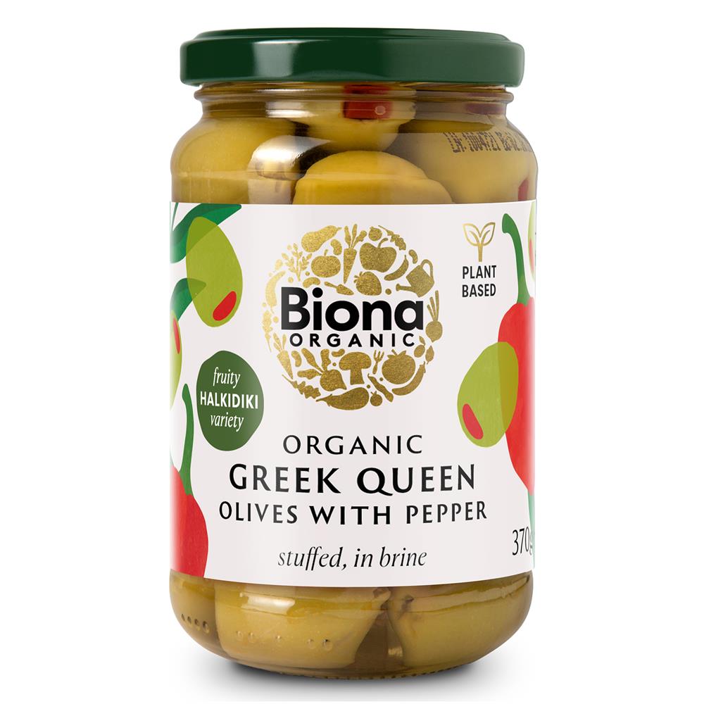 Biona Organic Greek Queen Olives with Red Pepper 370g - Greenlands Health Store