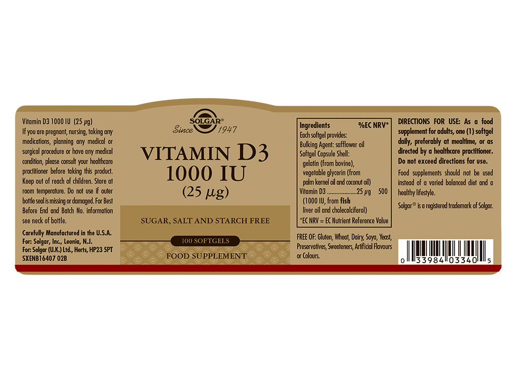 Solgar® Vitamin D3 1000 IU (25 µg) Softgels - Greenlands Health Store