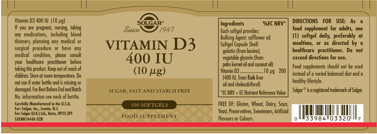 Solgar® Vitamin D3 400 IU (10 μg) Softgels - Pack of 100 - Greenlands Health Store