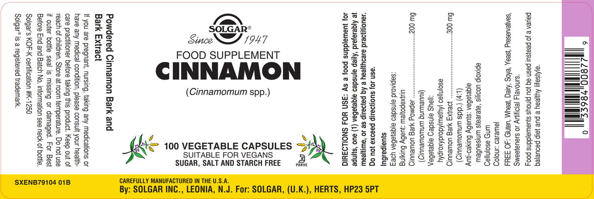 Solgar® Cinnamon Vegetable Capsules - Pack of 100 - Greenlands Health Store