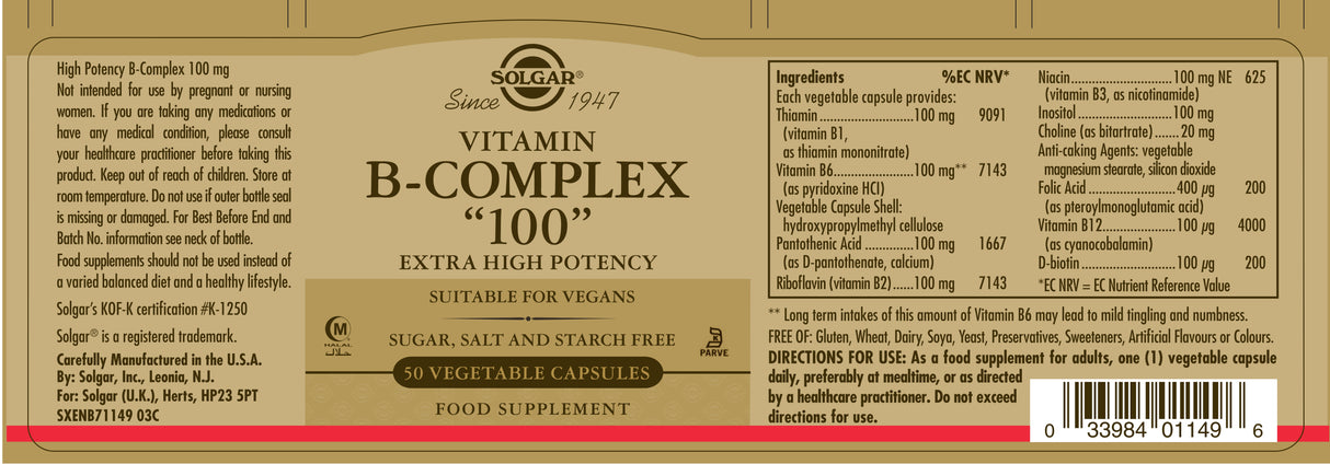 Solgar® Vitamin B-Complex "100" Extra High Potency Vegetable Capsules - Greenlands Health Store