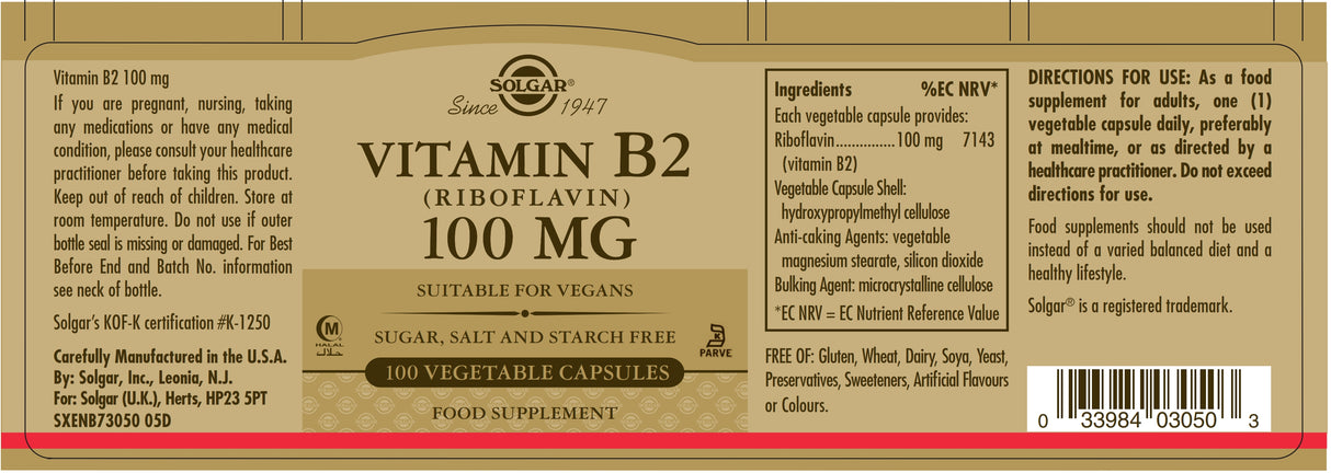 Solgar® Vitamin B2 (Riboflavin) 100 mg Vegetable Capsules - Pack of 100 - Greenlands Health Store