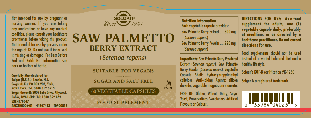 Solgar® Saw Palmetto Berry Extract Vegetable Capsules - Pack of 60 - Greenlands Health Store