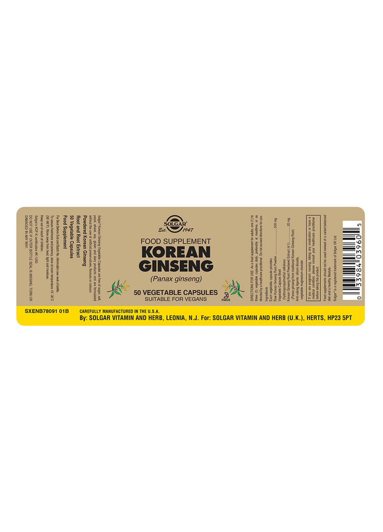 Solgar® Korean Ginseng Vegetable Capsules - Pack of 50 - Greenlands Health Store