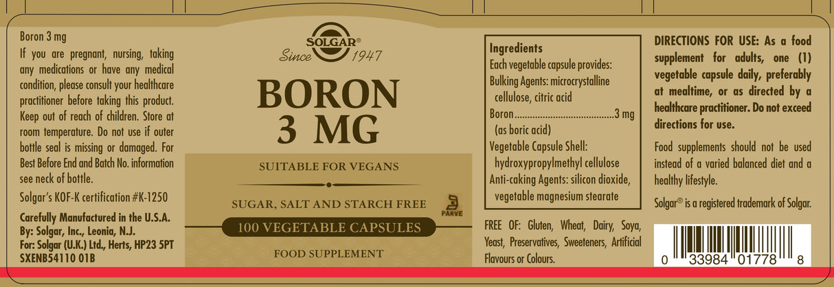 Solgar® Boron 3 mg Vegetable Capsules - Pack of 100 - Greenlands Health Store