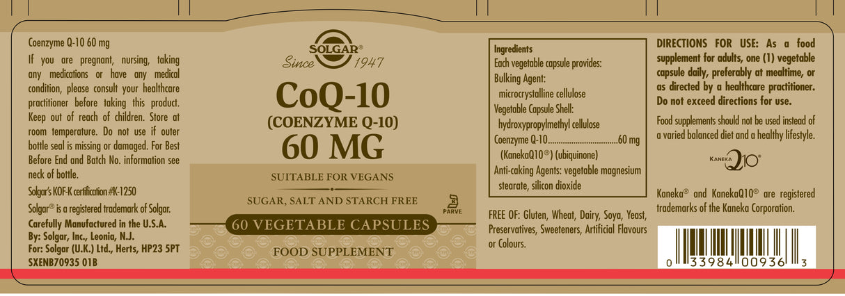 Solgar® CoQ - 10 (Coenzyme Q - 10) 60 mg Vegetable Capsules - Pack of 60 - Greenlands Health Store