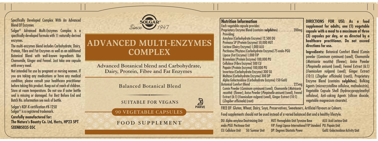 Solgar® Advanced Multi-Enzyme Complex Vegetable Capsules - Pack of 90 - Greenlands Health Store