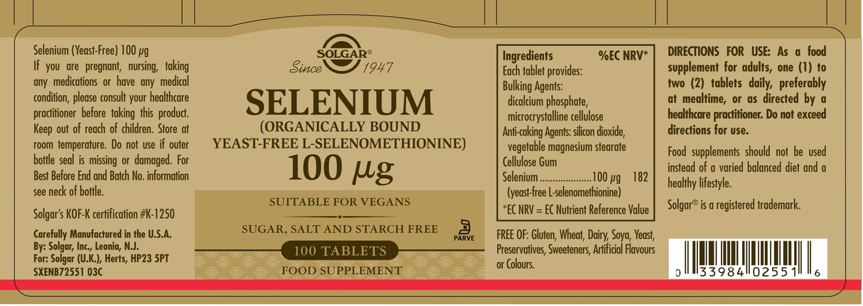 Solgar® Selenium (Yeast-Free) 100 µg Tablets - Pack of 100 - Greenlands Health Store