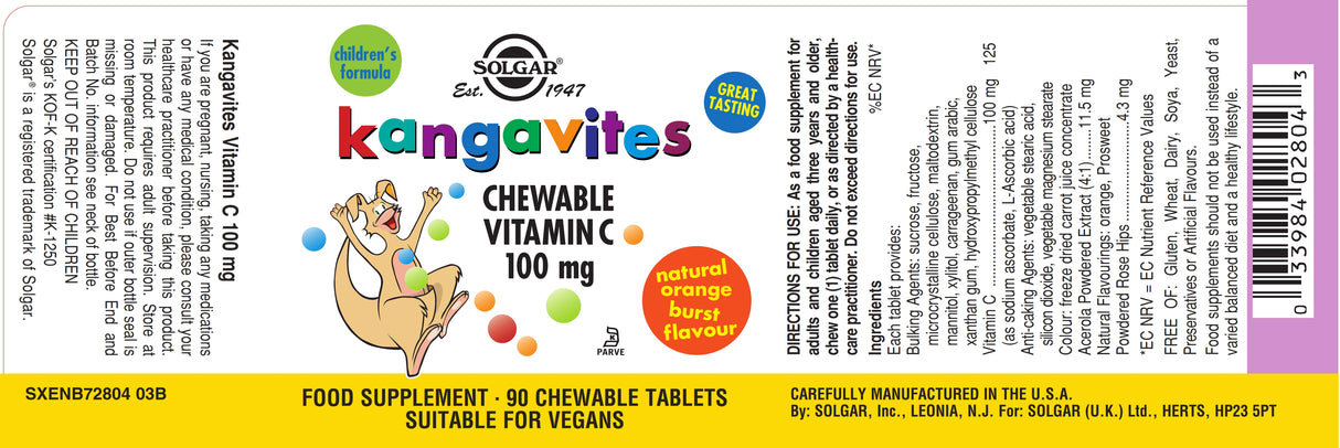Solgar® Kangavites Natural Orange Burst Vitamin C 100 mg Chewable Tablets - Pack of 90 - Greenlands Health Store