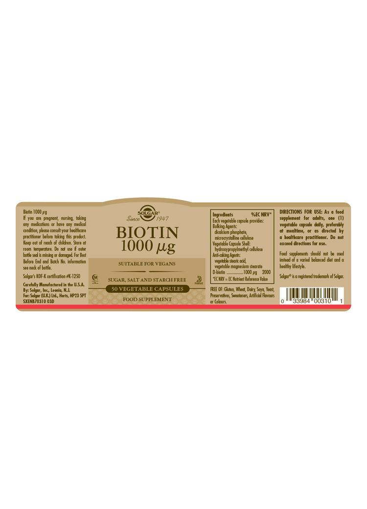 Solgar® Biotin 1000 µg Vegetable Capsules - Pack of 50 - Greenlands Health Store