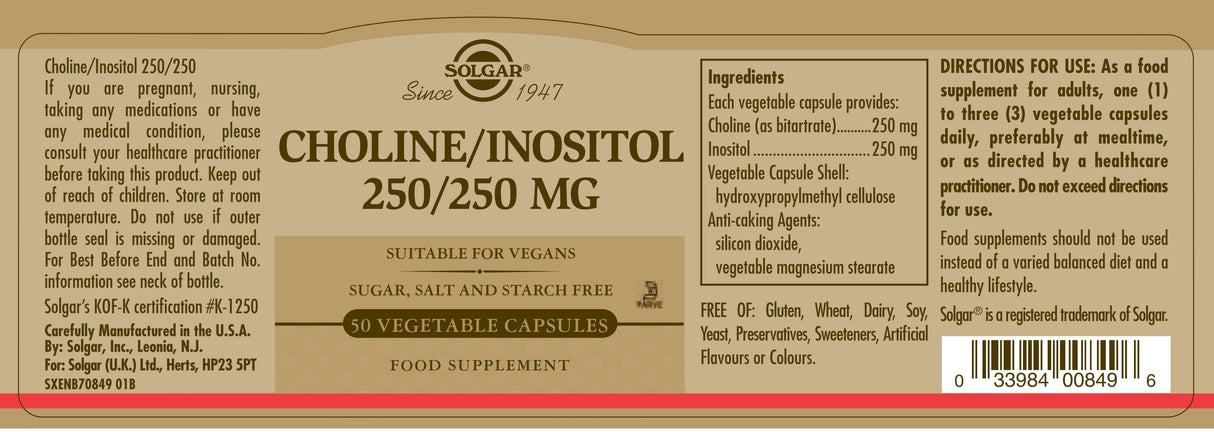 Solgar® Choline 250 mg / Inositol 250 mg Vegetable Capsules - Pack of 50 - Greenlands Health Store