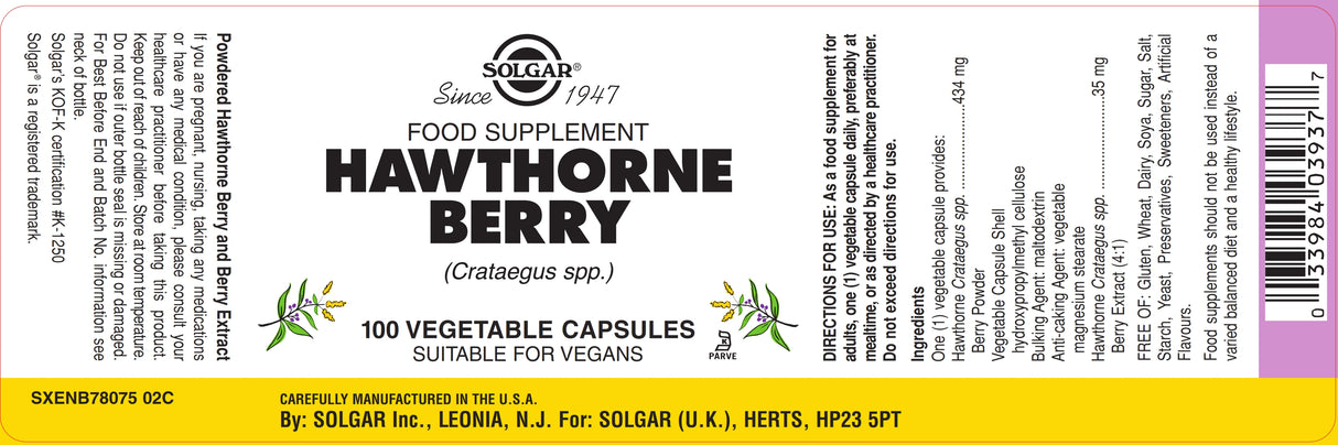 Solgar® Hawthorne Berry Vegetable Capsules - Pack of 100 - Greenlands Health Store