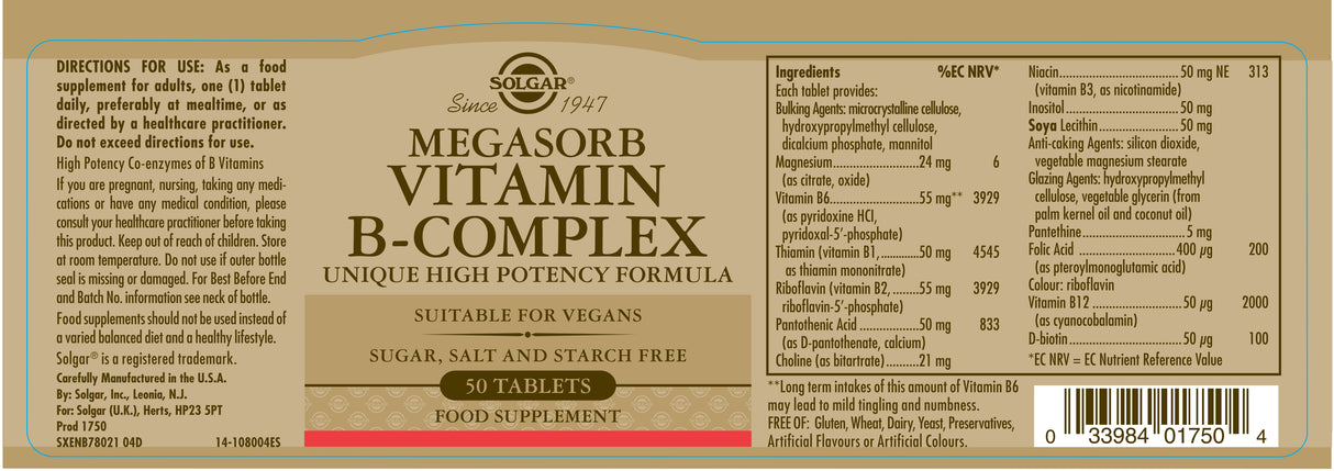 Solgar® Megasorb Vitamin B-Complex High Potency Tablets - Greenlands Health Store