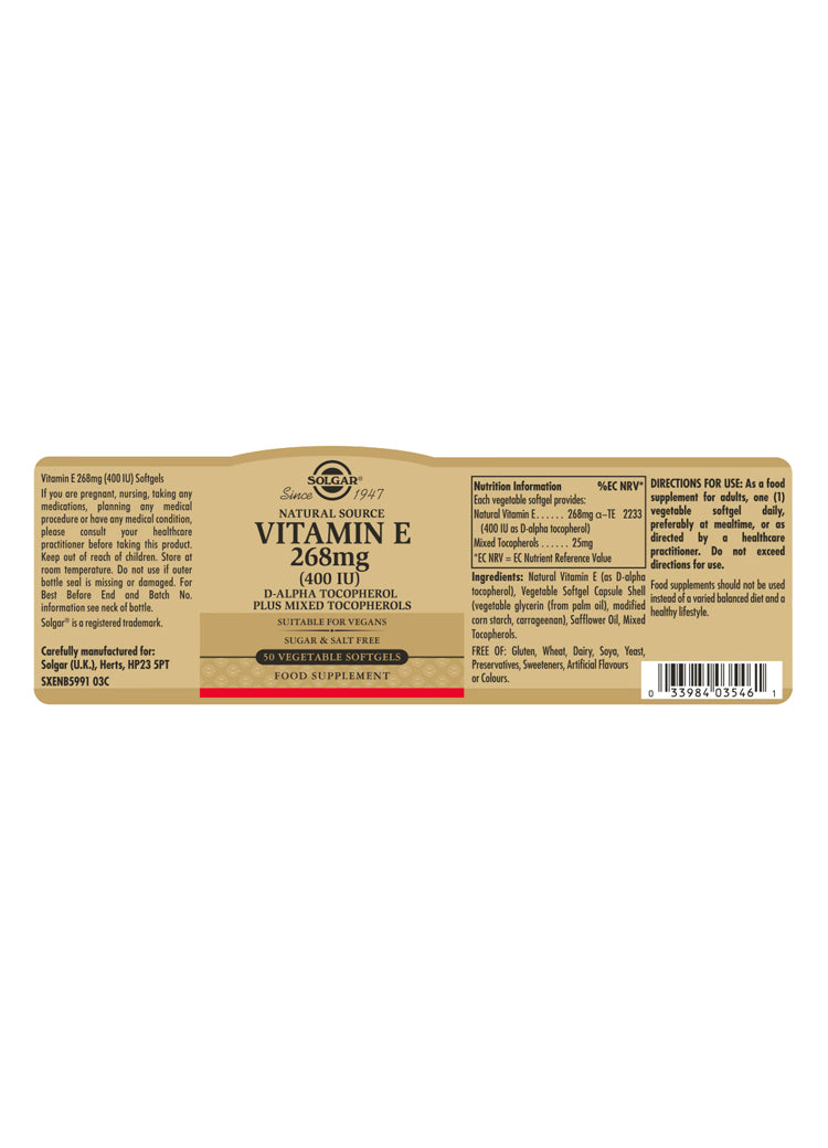 Solgar® Natural Source Vitamin E 268 mg (400 IU) Vegetable Softgels - Pack of 50 - Greenlands Health Store