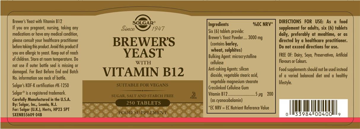Solgar® Brewer's Yeast with Vitamin B12 Tablets - Pack of 250 - Greenlands Health Store