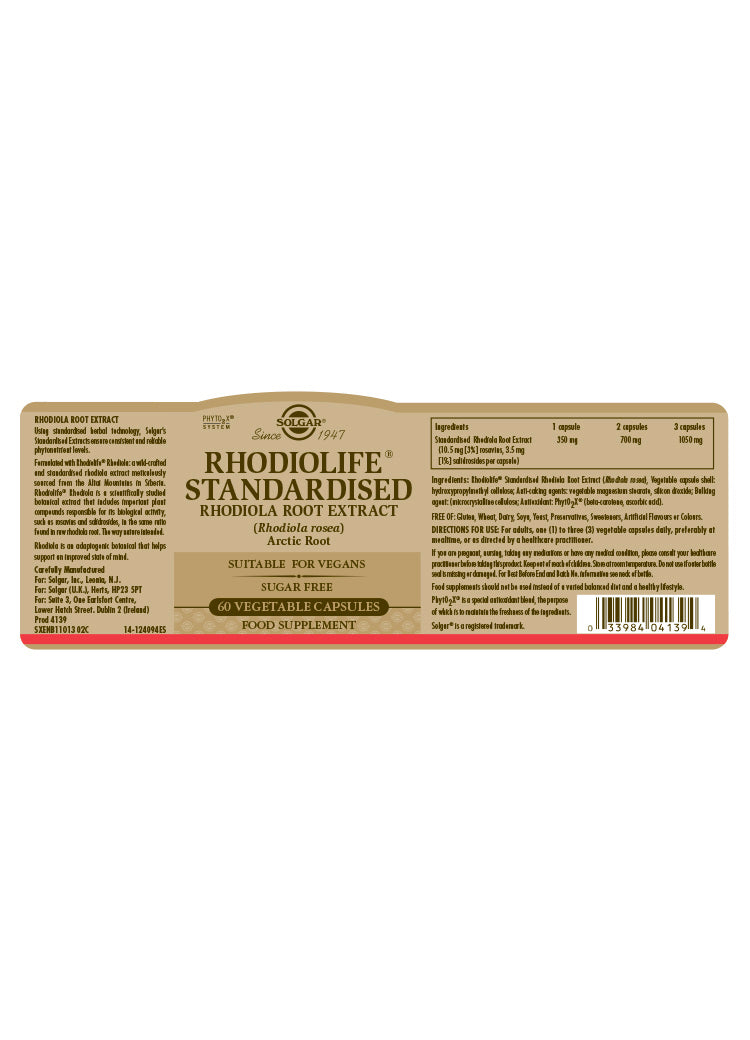 SFP Standardised Rhodiolife Rhodiola Root Extract Vegetable Capsules - Pack of 60 - Greenlands Health Store