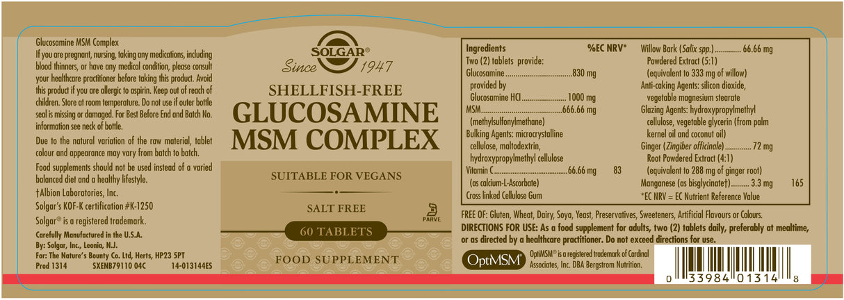 Solgar® Glucosamine MSM Complex Tablets - Pack of 60 - Greenlands Health Store