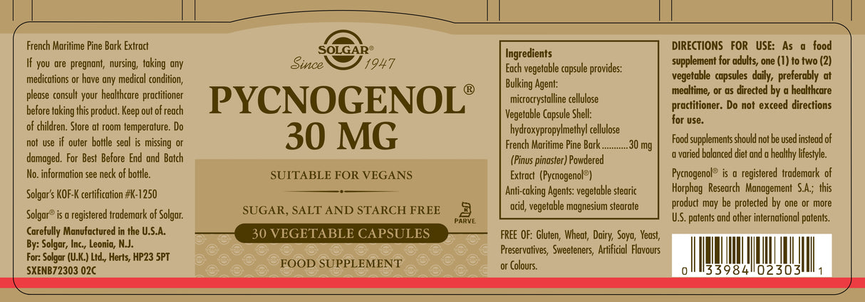 Solgar® Pycnogenol 30 mg Vegetable Capsules - Greenlands Health Store