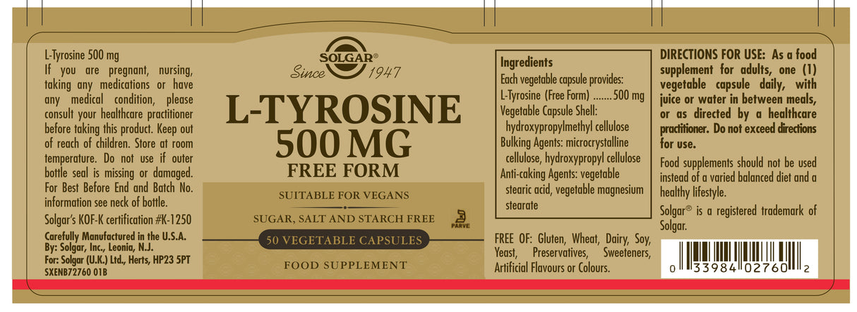 Solgar® L-Tyrosine 500 mg Vegetable Capsules - Pack of 50 - Greenlands Health Store