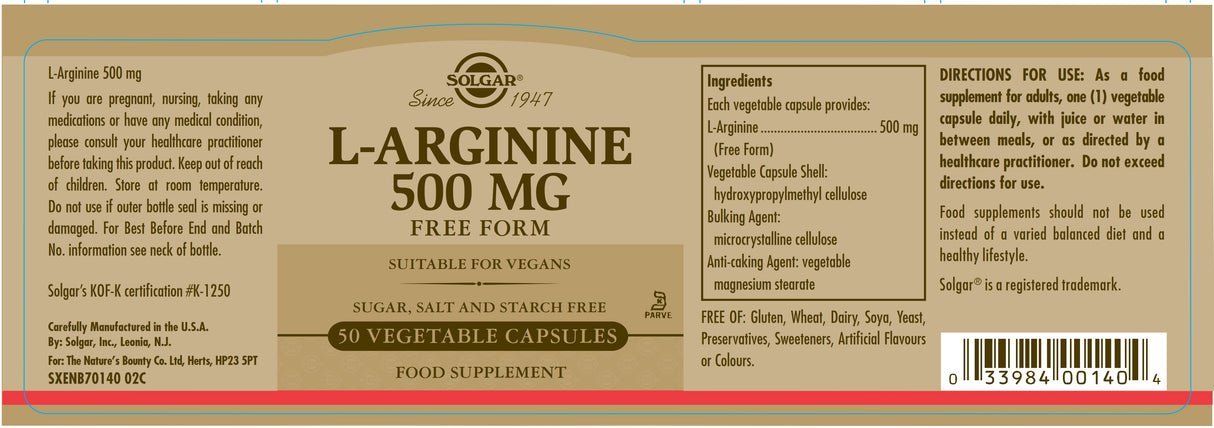 Solgar® L-Arginine 500 mg Vegetable Capsules - Pack of 50 - Greenlands Health Store