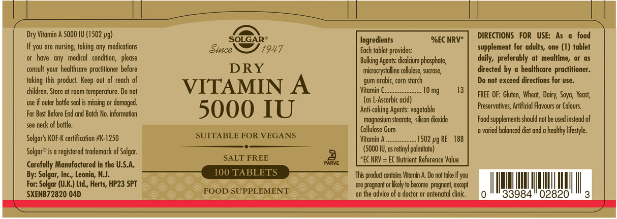 Solgar® Dry Vitamin A 5000 IU Tablets - Pack of 100 - Greenlands Health Store