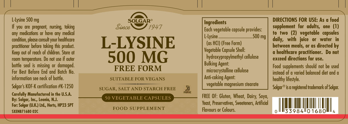 Solgar® L-Lysine 500 mg Vegetable Capsules - Pack of 50 - Greenlands Health Store