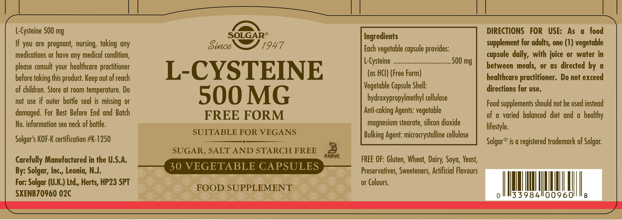 Solgar® L-Cysteine 500 mg Vegetable Capsules - Pack of 30 - Greenlands Health Store