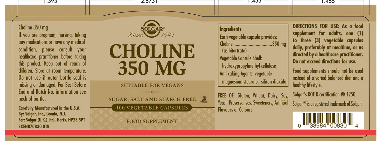 Solgar® Choline 350 mg Vegetable Capsules - Pack of 100 - Greenlands Health Store
