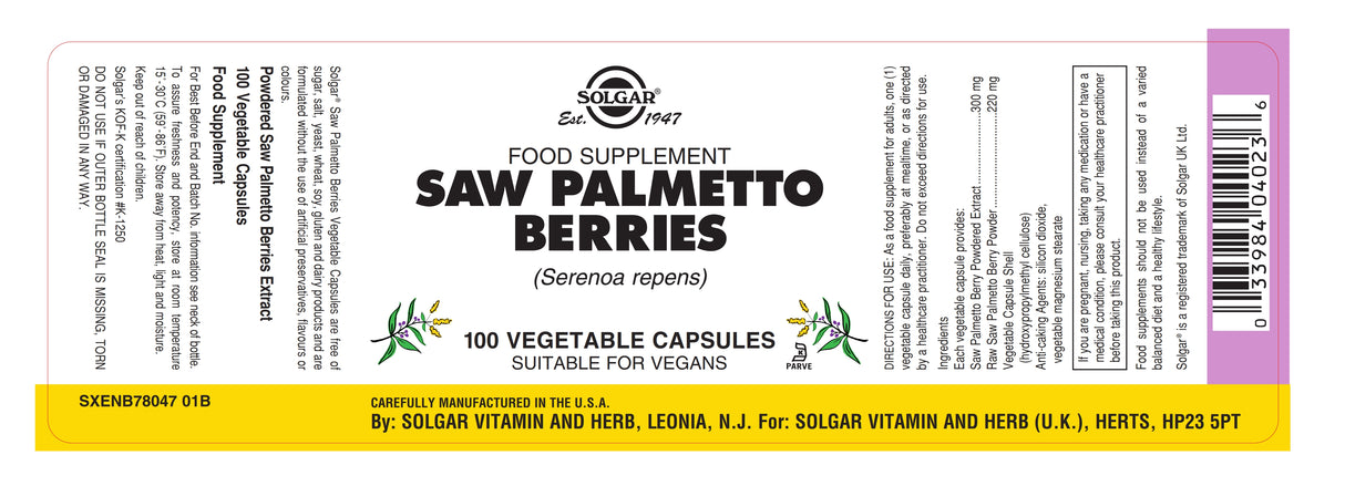 Solgar® Saw Palmetto Berries Vegetable Capsules - Pack of 100 - Greenlands Health Store