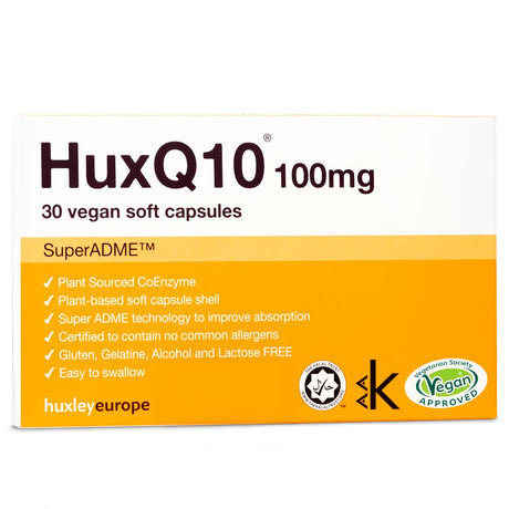 HuxQ10 100mg Co Enzyme Q10 Vegan Halal Kosher 30 soft capsules - Greenlands Health Store