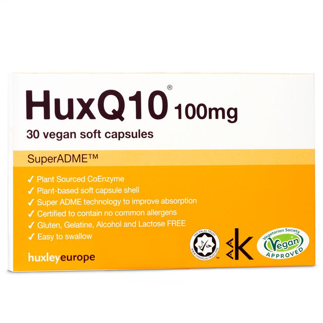 HuxQ10 100mg Co Enzyme Q10 Vegan Halal Kosher 30 soft capsules - Greenlands Health Store