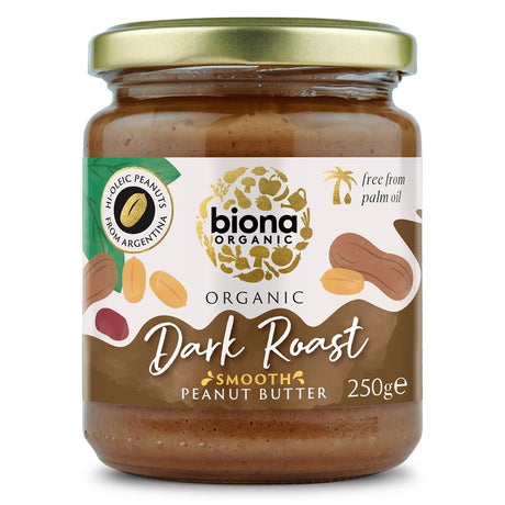 Biona Hi Oleic Dark Roast Peanut Butter Organic Smooth 250g - Greenlands Health Store
