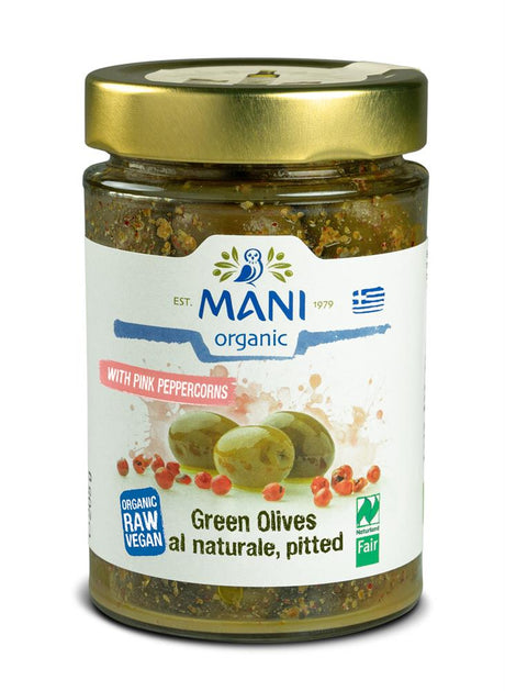 Organic Green Olives with Pink Peppercorns 205g - Greenlands Health Store
