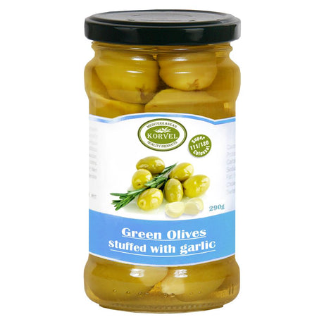 Korvel Greek Green Olives with Garlic Super Colossal 290g - Greenlands Health Store