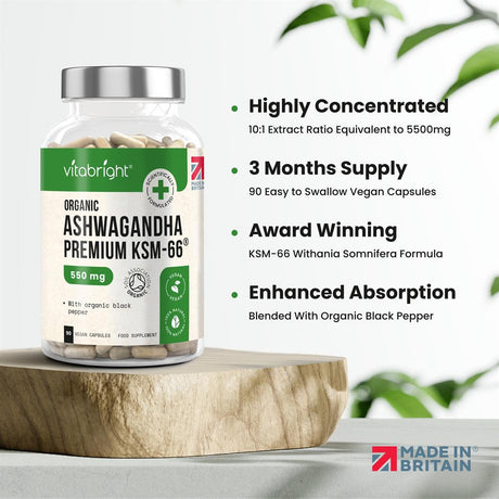 Organic KSM - 66 Ashwagandha 5500mg with Black Pepper - Greenlands Health Store
