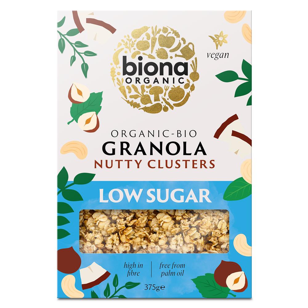 Biona Organic Granola Nutty Clusters Low Sugar 375g - Greenlands Health Store