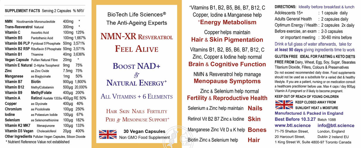 NMN - XR Resveratrol Vitamins Anti - Ageing Hair Skin Menopause 30 - Greenlands Health Store